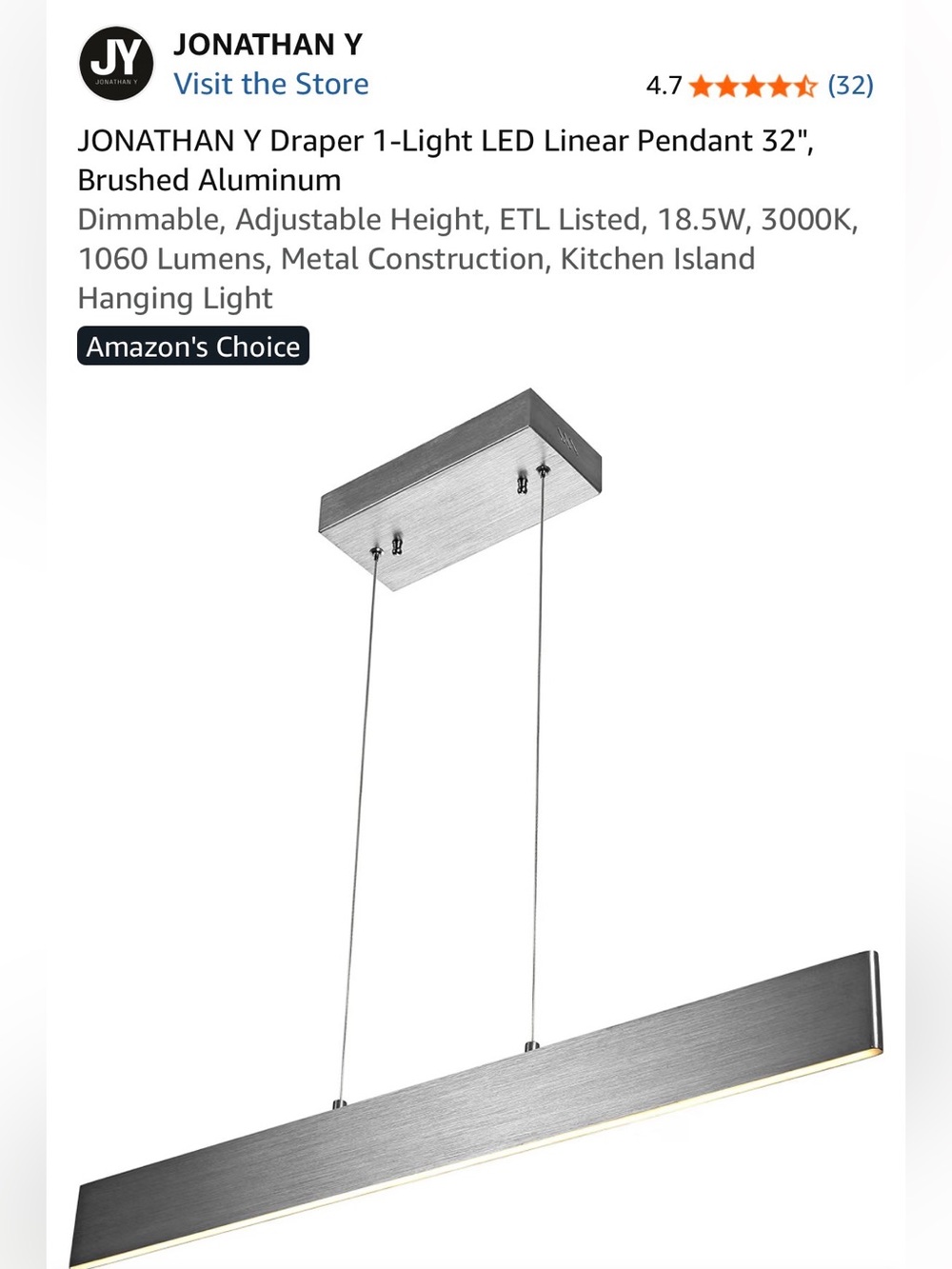 Hanging lighting fixture - JONATHAN Y Draper 1-Light LED Linear Pendant 32"